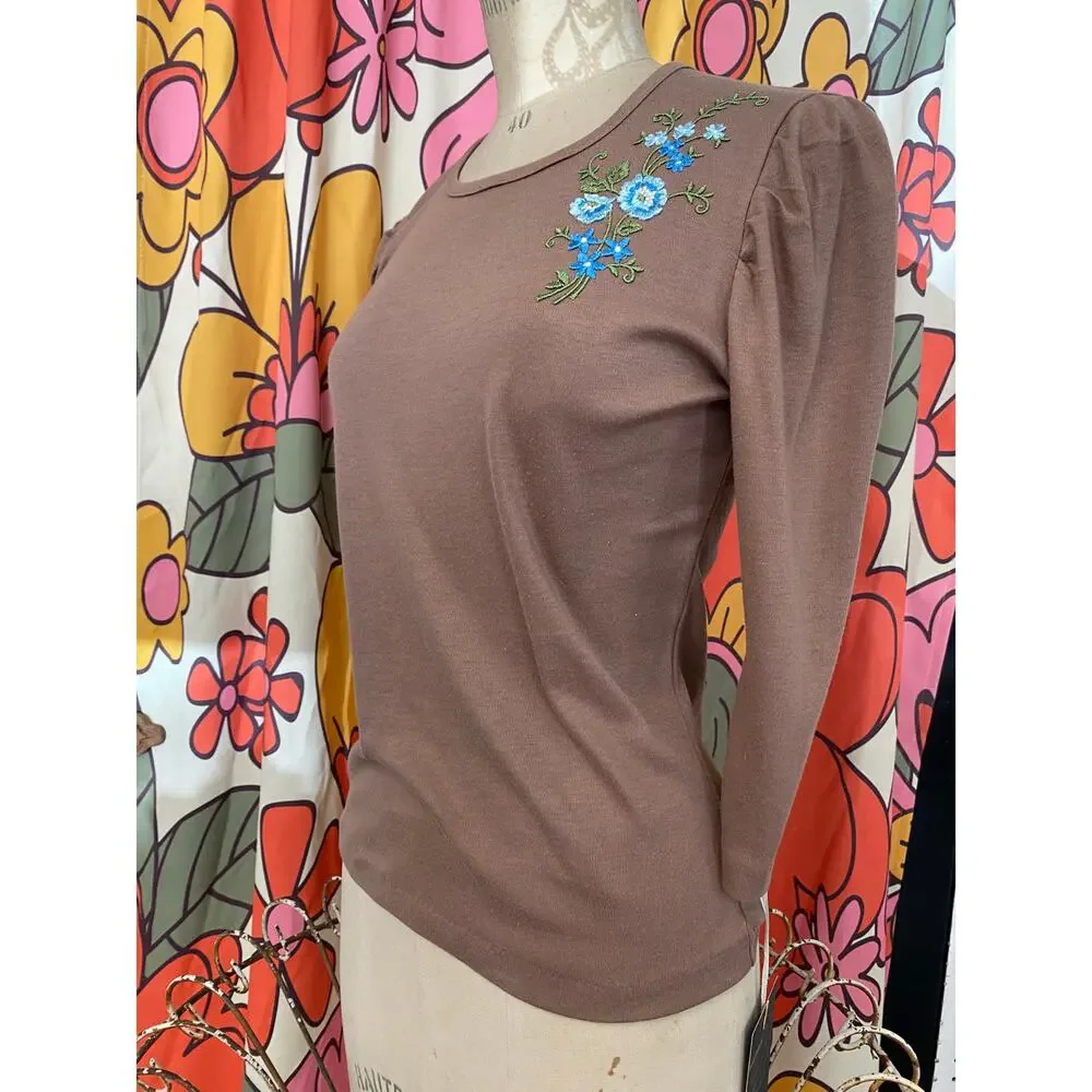 vintage 1970s puff sleeve applique top brown 70s t-shirt small gathered shoulder - Picture 6 of 8